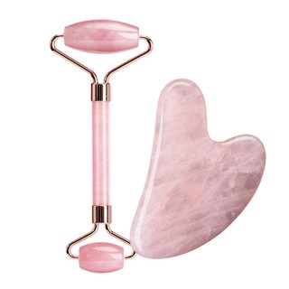 粉晶玉石刮痧板 滾輪按摩棒 臉部身體按摩器 刮痧按摩工具, 粉水晶(刮痧片*1+滾輪棒*1), 1個