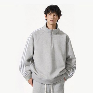 半高領三條杠長袖T恤 - 純棉半拉鏈男士休閑運動套裝