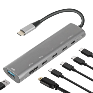 Type-C 擴展塢 六合一 HDD PD 多功能集線器 4K 高清 USB-C 3.0 HUB, 1個, 六合一TypeC*3+PD+USB+HD, 銀色020-11