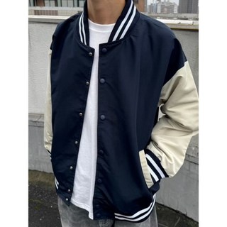 素面經典款棒球外套 落肩寬鬆撞色風衣外套 復古Y2K外套 古著情侶學院