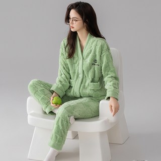 秋冬女裝法蘭絨睡衣套裝 V領開衫 加厚保暖家居服