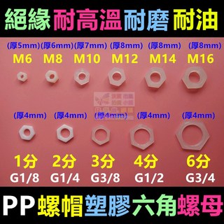 PP螺帽塑膠螺母 塑料螺母 六角螺絲帽 螺絲母 1分2分3分4分6分1吋 M5 M16 尼龍螺帽, 1個, PP螺母3分