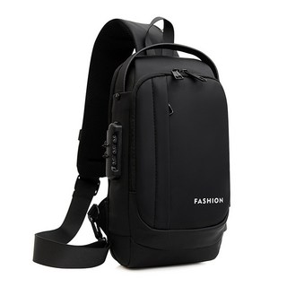 斜挎包 男士 商務運動 密碼鎖 防盜 單肩包 胸包, 款三純黑色