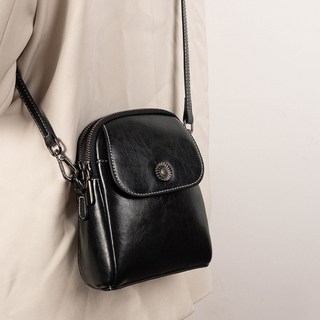 歌菲妮 真皮斜背包 牛皮單肩包 小方包 手機包 通勤包購物包, 黑色【長14 寬7 高18cm】