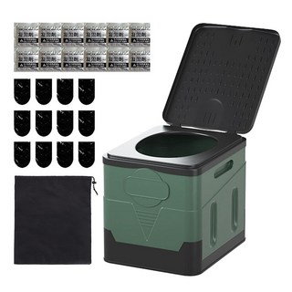 플로우 차량 캠핑 휴대 이동 접이식 변기 + 응고제 +봉투 + 파우치 세트, 1세트, 그린