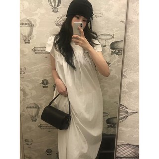 純色蕾絲立領短袖洋裝2025夏季女收腰顯瘦洋裝, 白