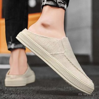 限時下殺 布鞋無後跟布鞋男透氣亞麻編織漁夫鞋男士休閒一腳蹬懶人鞋防滑輕便舒適耐磨耐穿PDA, CF627黑色,40