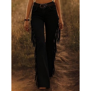 【顯瘦百搭】喇叭褲 牛仔褲 女褲 長褲 高腰褲 修身彈力 流蘇設計 歐美風 復古時尚 日常通勤穿搭