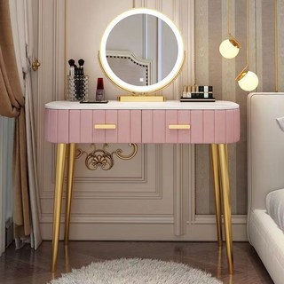 輕奢大理石梳妝臺臥室網紅ins風現代簡約收納櫃一體小戶型化妝桌, 白色荷蘭絨-381,B款60單桌+智能鏡