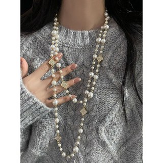 輕奢氣質施家長款疊戴珍珠項鏈女小衆設計四葉草鋯石毛衣鏈脖頸鏈