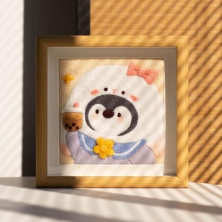 熱銷羊毛氈DIY材料包 情侶閨蜜禮物 戳戳樂手工自制擺件相框裝飾畫, 1個, 相框【戴兔頭帽企鵝】