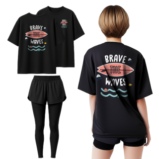 TST 여름 워터파크 물놀이 수영복 상하 세트 여성 오버핏 반팔 래쉬가드+3부 보드숏 워터 레깅스, L, 브레이브웨이브829+3부9부