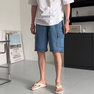 치트키 오션 3컬러 데님 원턱 카고 반바지