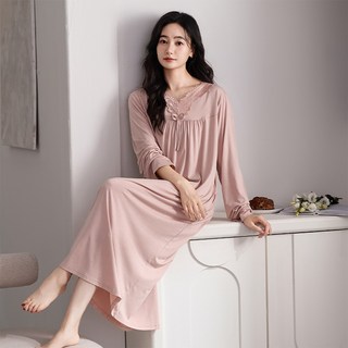 BAJAOEY(바자오이) 여성 긴팔 모달 원피스 홈웨어 브이넥 루즈핏 편안함잠옷