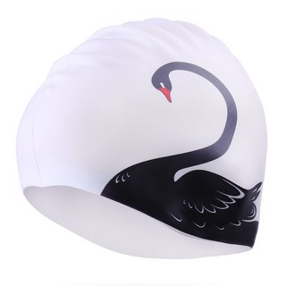 加大硅膠泳帽 舒適不勒頭 護耳護髮防水 男女通用 健身游泳裝備 防護泳帽 游泳必備, 1個, 白印黑天鵝