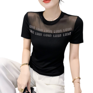 댄스복 상의 여성용 펀칭 망사 패치 핫피스 스판 반팔 티셔츠 Women's T-shirt 뉴타임즈 F011I672