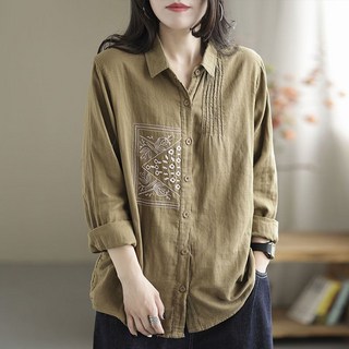 봄 가을 중년 여성 긴팔 셔츠 남방 캐주얼 긴팔티 상의 슬림핏 이너 레깅스 기질 빈티지 자수 폴로넥 린넨 셔츠 남방 RSH