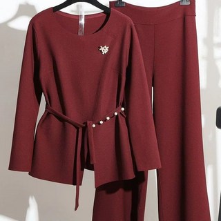 歐洲站秋季新款氣質簡約輕熟風釘珠繫帶上衣 闊腿褲兩件套女套裝