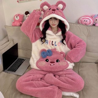睡衣冬天 絨睡衣 冬天睡衣 法蘭絨睡衣 厚睡衣珊瑚絨睡衣女秋冬季新款草莓熊可愛少女加絨加厚寬鬆學生連帽套裝