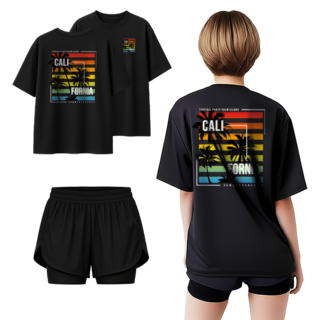 TST 여름 워터파크 물놀이 수영복 상하 세트 여성 오버핏 반팔 래쉬가드+3부 보드숏 워터 레깅스, M, 캘리포니아파라다이스821+3부3부