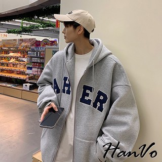 HanVo 男款AHER字母寬鬆連帽外套，加絨保暖柔軟厚外套，日常百搭男裝