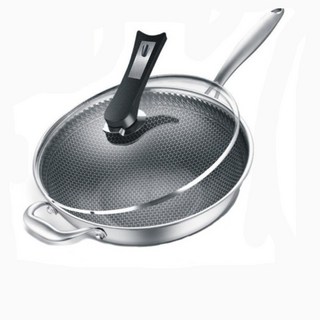 316醫療食品級不銹鋼炒鍋 蜂巢物理式七層不沾鍋 無化學塗層 雙面聚能 無鉚釘 煎鍋 炒鍋, 1個, 36cm【有耳附蓋】, 36cm