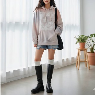 雪莉小姐 渲染刷薄絨字母印花 連帽長版t