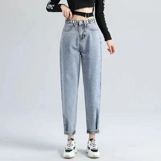 HAOHAO 大尺碼秋冬刷毛牛仔褲 女 冬季加厚寬褲 高腰寬鬆直筒淺藍色顯瘦設計感ins潮