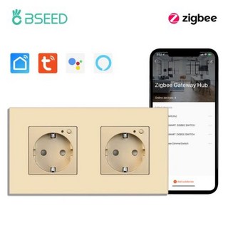 AI 원격 제어 스마트 플러그 콘센트 타이머 콘센트 모니터링 플러그 BSEED 지그비 이중 전원 벽 플라스틱 구글 라이프 파란색 백라이트, Double Socket Gold_Need Zigbee, 1개