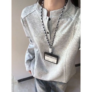 羅小虎 美式亨利領POLO衫衛衣 男女秋季解構拼接長袖T恤 大學T 韓版衛衣 休閒衛衣 潮牌衛衣