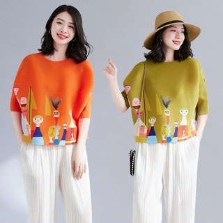 RCLET 여자 캐릭터 주름 반팔티 오버핏 아이스 반팔 티셔츠 냉감 라운드티 빅사이즈 데일리