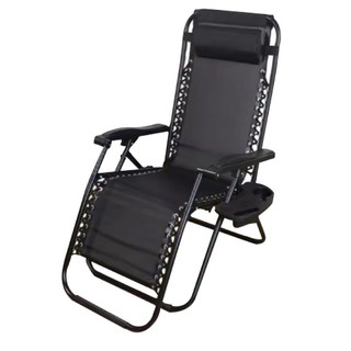 無段式調整透氣網布休閒躺椅 附杯架 黑 銀, 黑, 銀, 1件