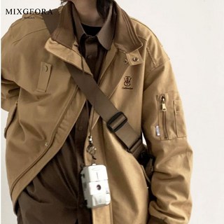 日系復古刺繡工裝外套 男女情侶款 翻領拚色夾克衫 工裝夾克衫 休閒外套 韓版外套 潮牌外套 複古夾克 男生外套