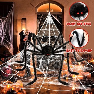 臺灣熱銷 仿真發光蜘蛛網 萬聖節裝飾道具 超大毛絨蜘蛛派對密室整蠱玩具, 1個