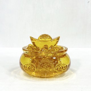 御古齋 精選黃琉璃聚寶盆 內附金錢元寶 招財進寶 風水擺件 居家辦公, 1個, 中款, 黃琉璃