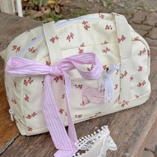 在園出貨 今年時尚流行甜美少女小碎花旅行包包女2025新款小衆大容量托特包, 米白色（帶絲巾）,極速發貨+送絲巾