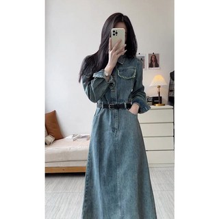 牛仔長洋裝 法式長袖連身裙 氣質早春洋裝 百搭顯瘦長裙, 牛仔連衣裙,S