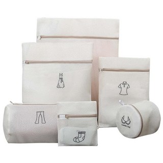 雙層加厚耐洗防纏多尺寸刺繡洗衣袋 六件組, 白色, 1組