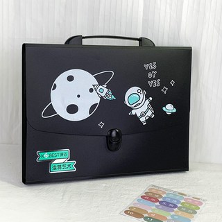 大容量手風琴手提包 A4資料夾 考券收納 風琴文件夾 多層收納袋 文件分類 資料收納夾, 1個, 太空人-青色-FK020-13格