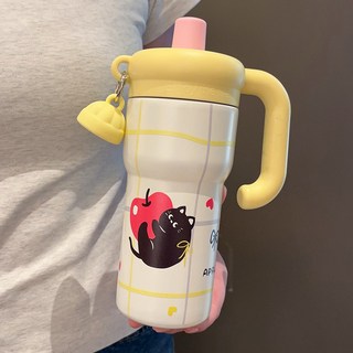 대용량 거대 보온컵 빨대 이중 음료컵 고급스러운 아이스컵, 600ml, 노란색 600ml + 차 창고 + 장식품, 1개