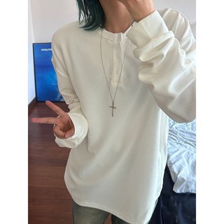 灰色亨利領長袖t卹男生秋冬季百搭華夫格衛衣V領慵懶鬆弛感打底衫