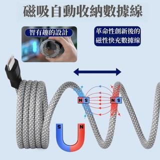 尼龍編織磁吸自動收納充電線 Type-C 車載充電線 Carplay 適用 數據傳輸, USB轉TypeC-藍色,1M, 1個, 1m
