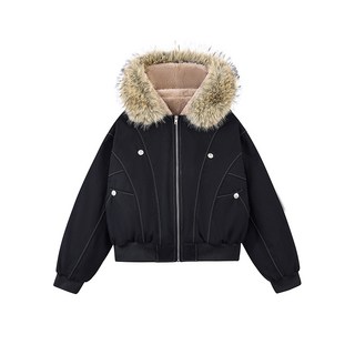 連帽毛領短版棉服外套 - 韓版寬鬆加厚保暖