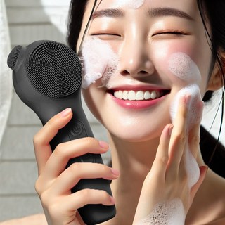 Vakedy 실리콘 진동클렌저 세안 브러쉬 온열 얼굴마사지기, 블랙