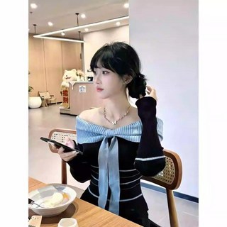蝴蝶結撞色條紋一字肩毛衣針織衫女夏季新款獨特修身露肩上衣