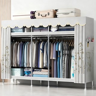[시스슈] 조립식 3단 이동식 행거 시스템 강화 철제 프레임 | 대용량 하단 수납공간 & 먼지방지 커튼 장착간이옷장 합금 조립식옷장 비키니 옷장, 연회색