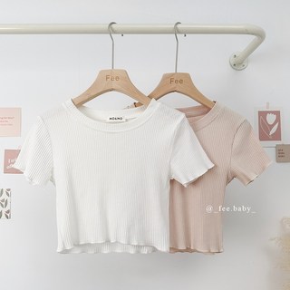 Fee現貨7色木耳邊短版坑條上衣，顯瘦合身上衣，韓系內搭短袖上衣, 現貨-白色F