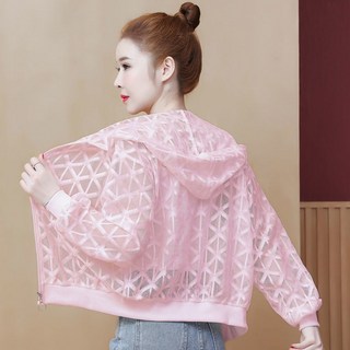 ROYALBELLE 여성 레이스 후드 자켓 긴팔 숏 기장 망사 시스루 스타일 자외선 차단 얇은 캐주얼 아우터 K041617