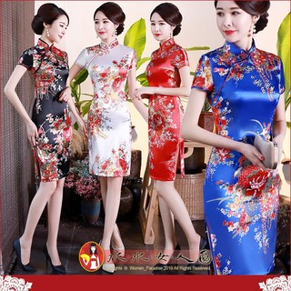 水水女人國 優雅浪漫短旗袍女 氣質印花洋裝 時尚改良式修身短袖連身裙 精靈 4色 S-6XL加大尺碼, 白色,5XL