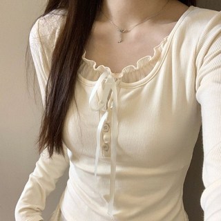 여성 가을 긴팔 페어 이어 프릴 티셔츠